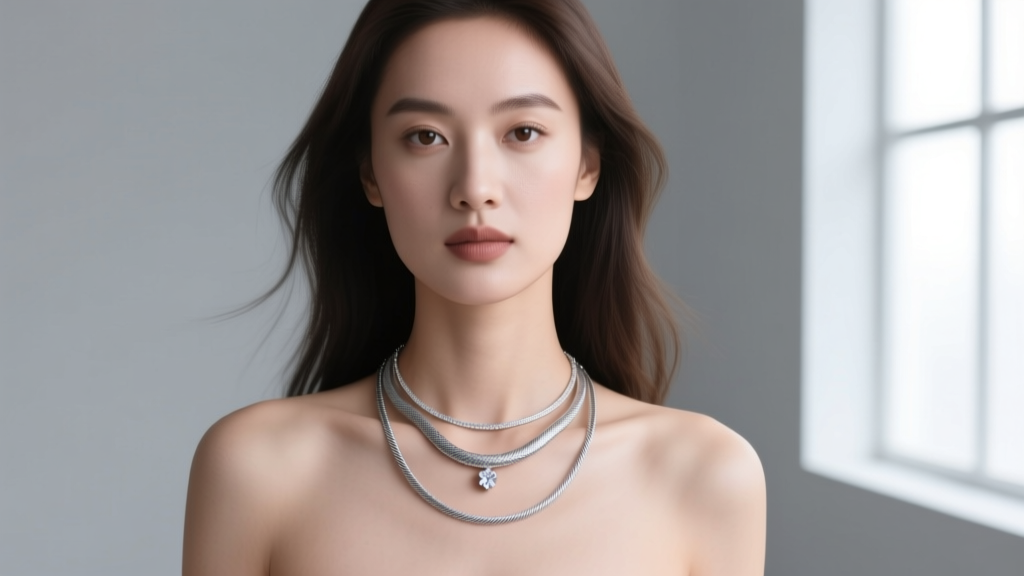 Woman wearing a layered stack featuring a 1.5mm silver snake chain with a small diamond pendant and a delicate cable chain