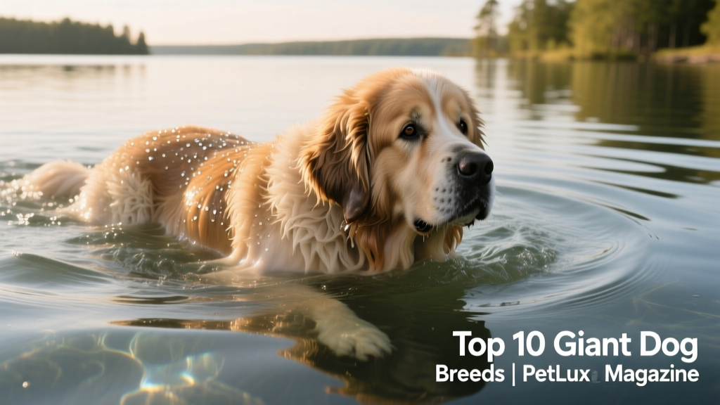 A large, gentle Newfoundland swimming confidently in clear water, showing off its water-resistant double coat