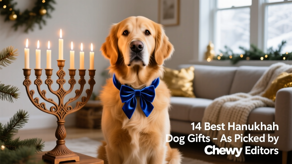 A golden retriever wearing a festive blue velvet collar with a removable bow, sitting beside a menorah