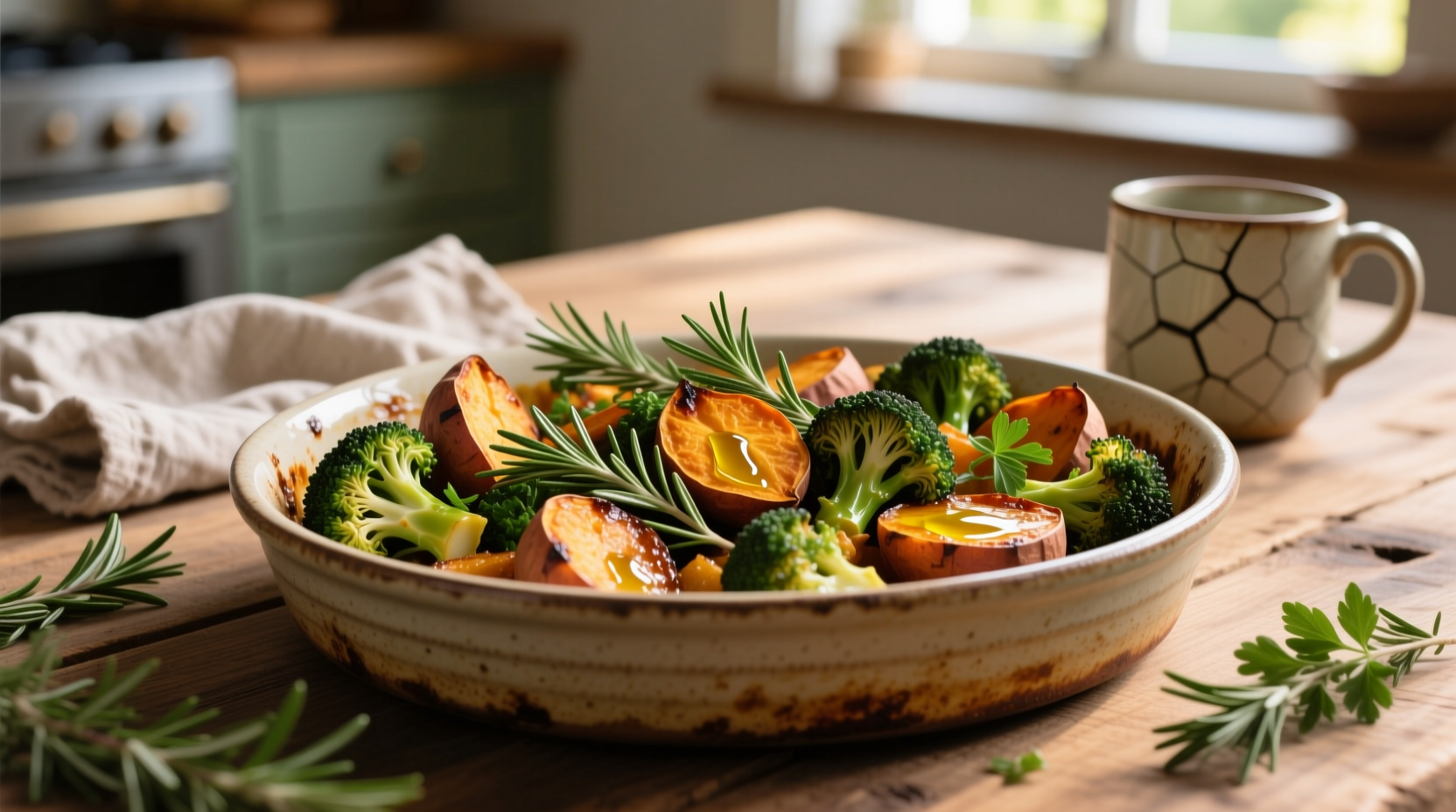 Roasted sweet potato broccoli medley with herbs