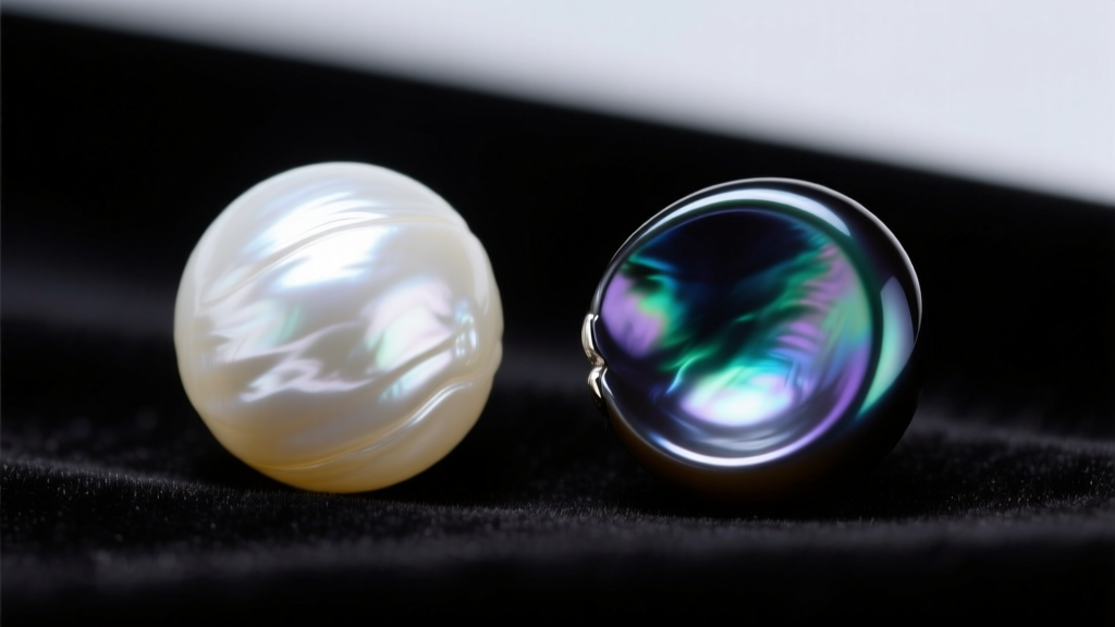 Macro photo of a white freshwater baroque pearl with rippled nacre next to a dark peacock Tahitian baroque pearl on black velvet
