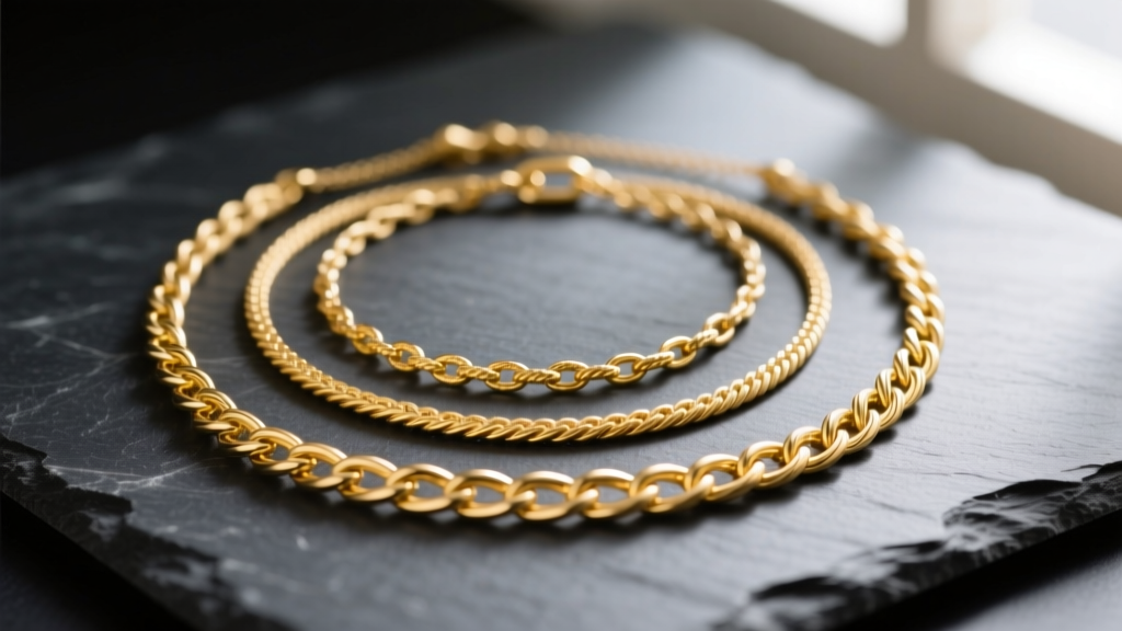 Three layered 14k yellow gold necklaces resting on dark slate, soft window light highlighting cable and rope chain textures.