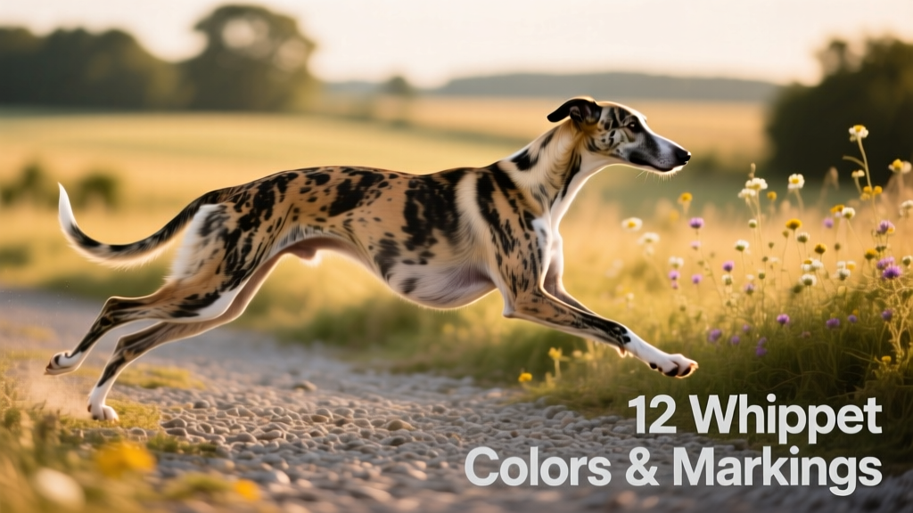 A brindle Whippet mid-stride on a gravel path, showing clear striping across shoulders and hindquarters