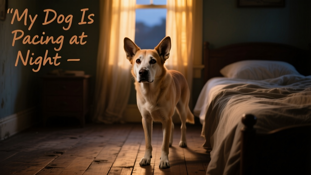 Senior dog standing alert in dimly lit bedroom, looking around nervously