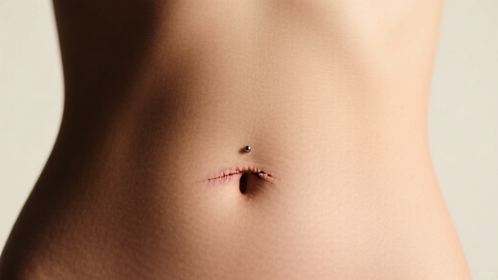 Bare healed navel piercing without jewelry, showing minimalist aesthetics on sun-kissed skin under soft warm studio lighting