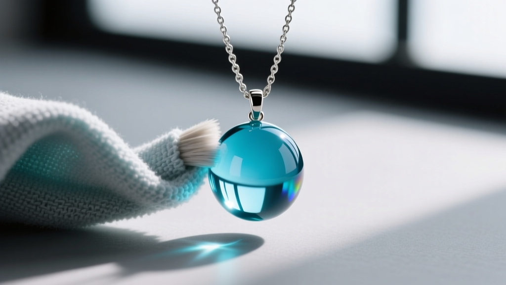 Microfiber cloth polishing a glossy aquamarine blue glass bead pendant, highlighting its smooth surface and attached silver chain.