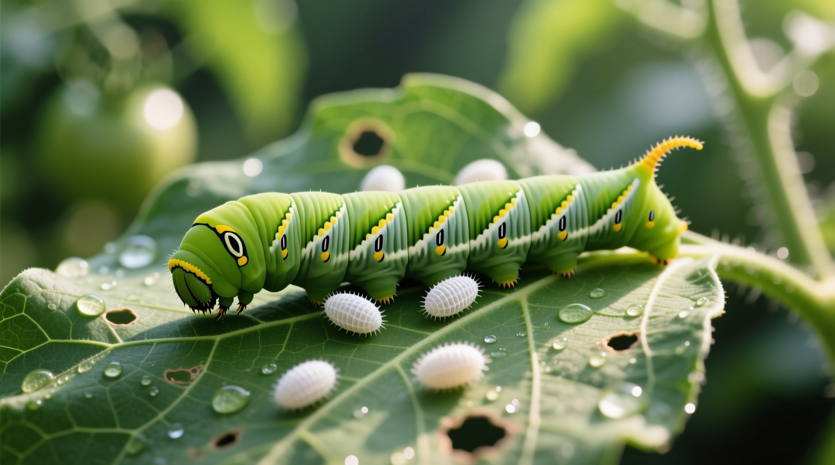 Close-up of tomato hornworm on leaf with white parasitic wasp cocoons
