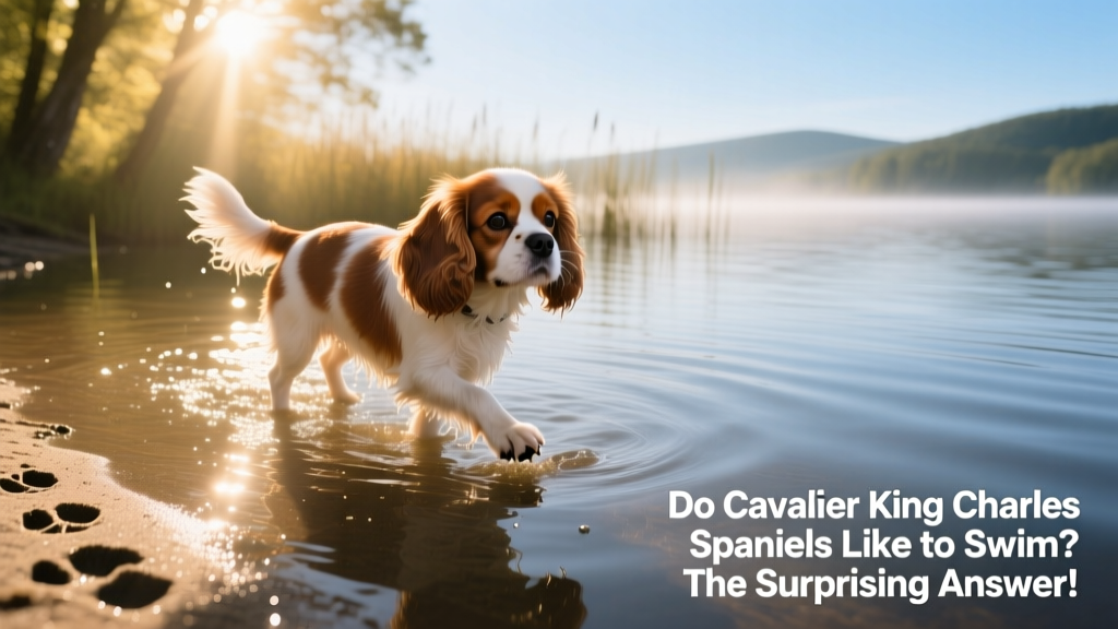 A Cavalier King Charles Spaniel gently wading in shallow, sunlit water at the edge of a lake