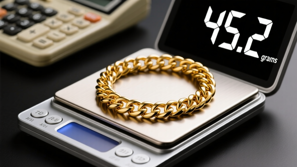 Digital scale weighing a thick 18K yellow gold Cuban link chain displaying 45.2 grams, calculator in blurred background
