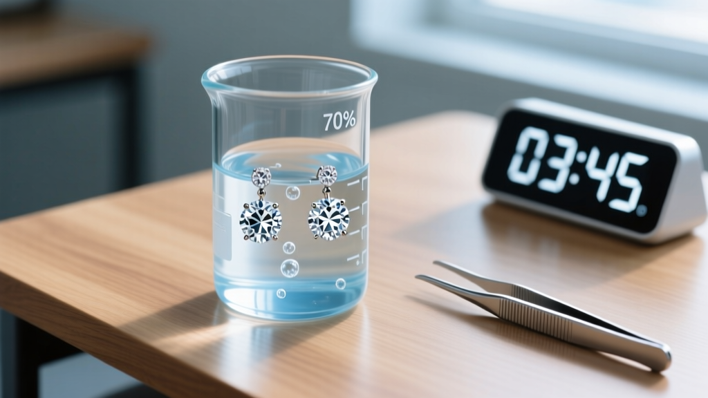 Overhead view of a beaker of 70% isopropyl alcohol soaking diamond studs, beside a digital timer and steel tweezers on wood desk.