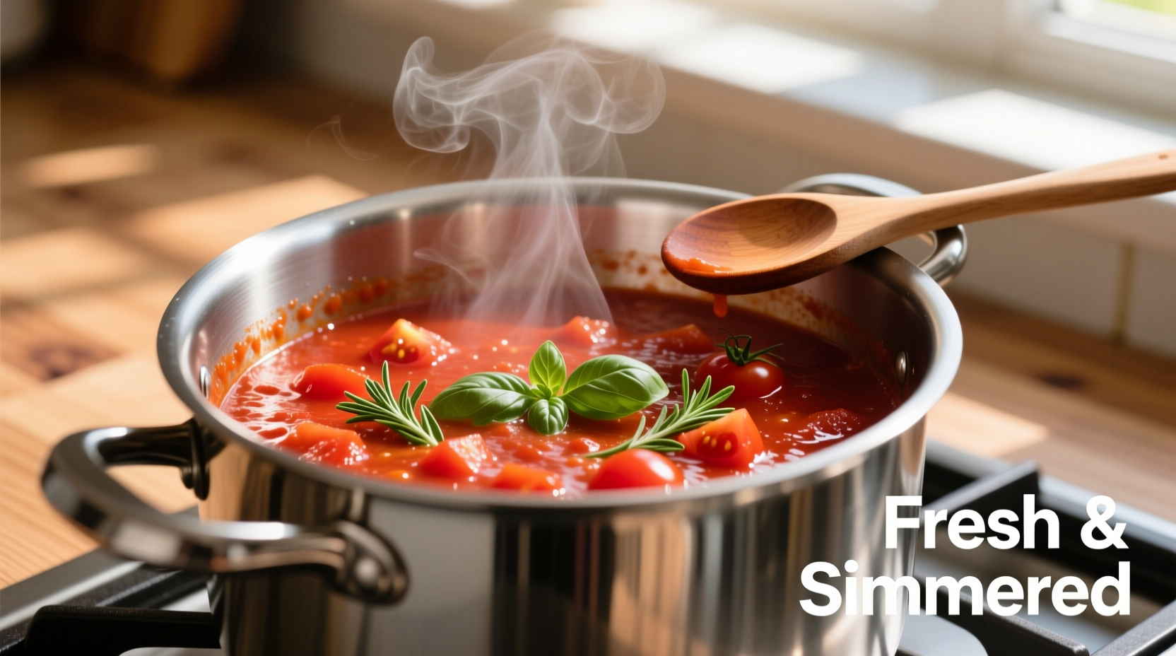 Fresh tomato sauce simmering in stainless steel pot
