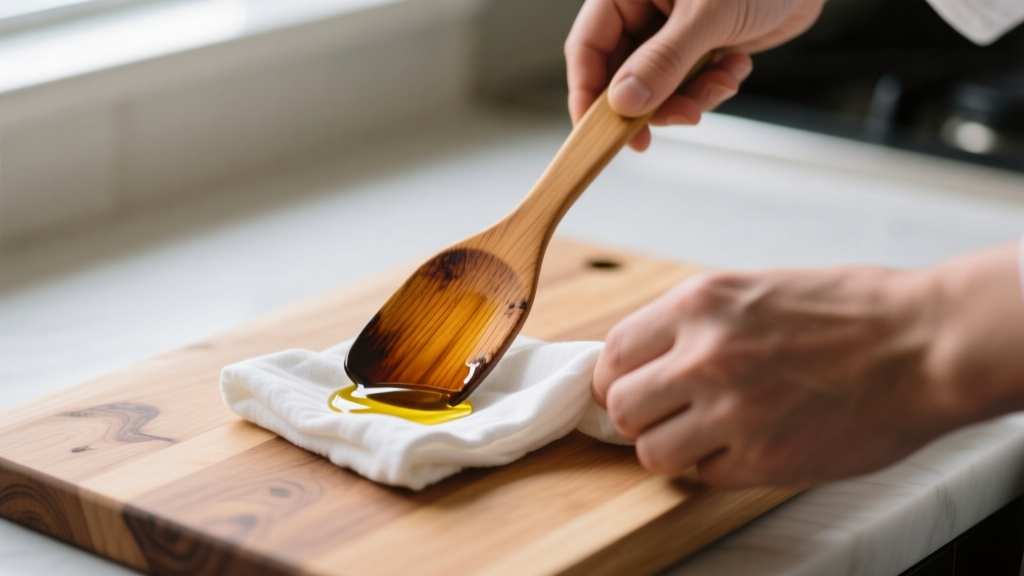 Close-up of a home cook oiling a wooden spatula with food-grade mineral oil using a clean cotton cloth on a butcher block counter