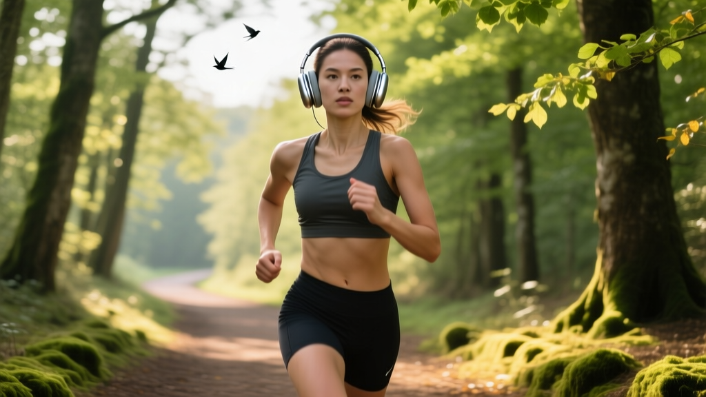 Female runner wearing Shokz bone conduction headphones on a tree-lined trail, maintaining visual and auditory awareness of her surroundings