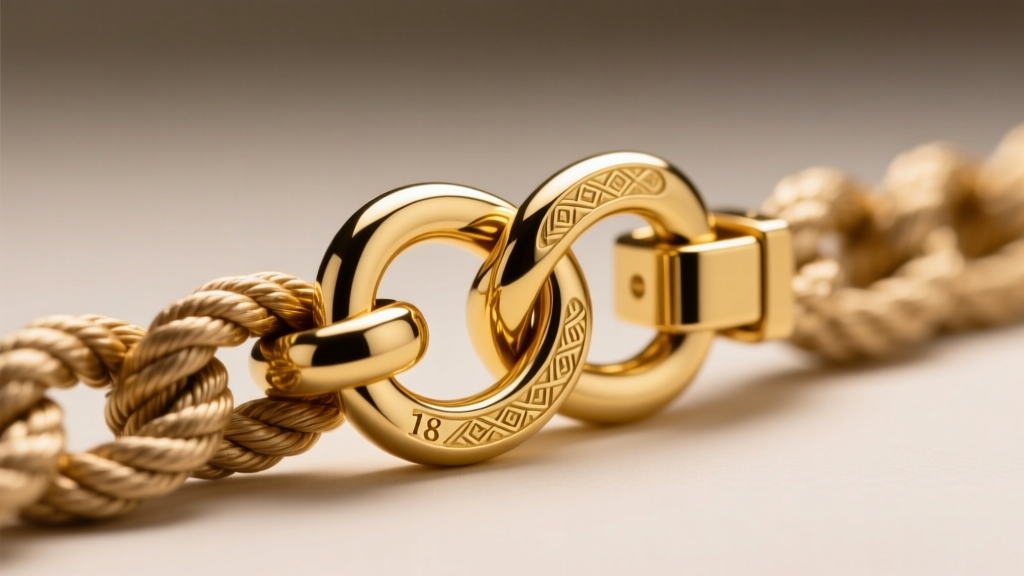 Macro photography of a heavy-duty 18k gold box clasp with a figure-eight safety catch on a thick rope chain, highly detailed