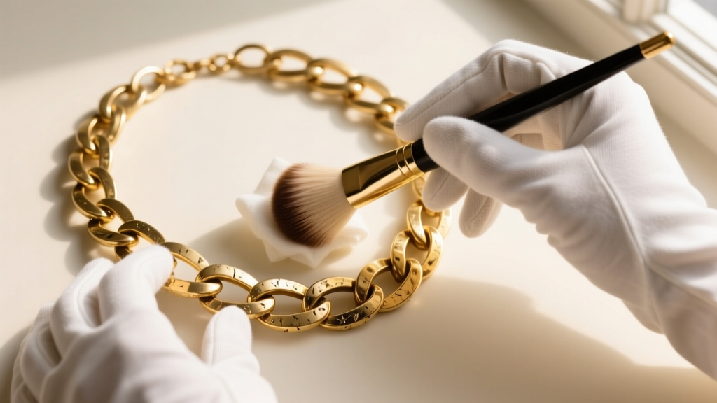 Hands in white cotton gloves gently wiping a chunky gold-tone vintage chain necklace with a dry, soft goat-hair makeup brush.