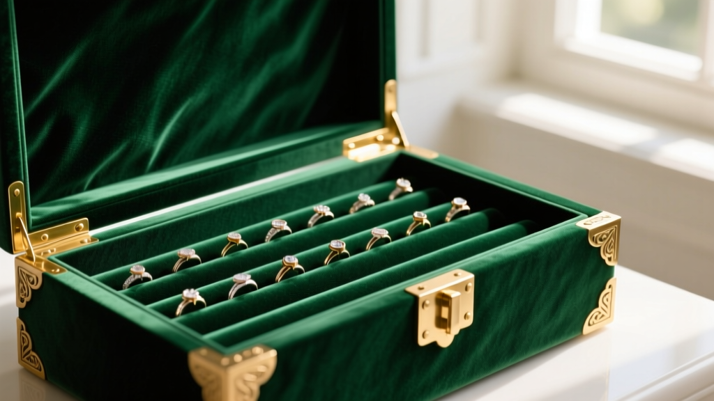 Interior view of a luxury brass-bound jewelry chest lined in deep emerald green anti-tarnish velvet with dedicated ring rolls