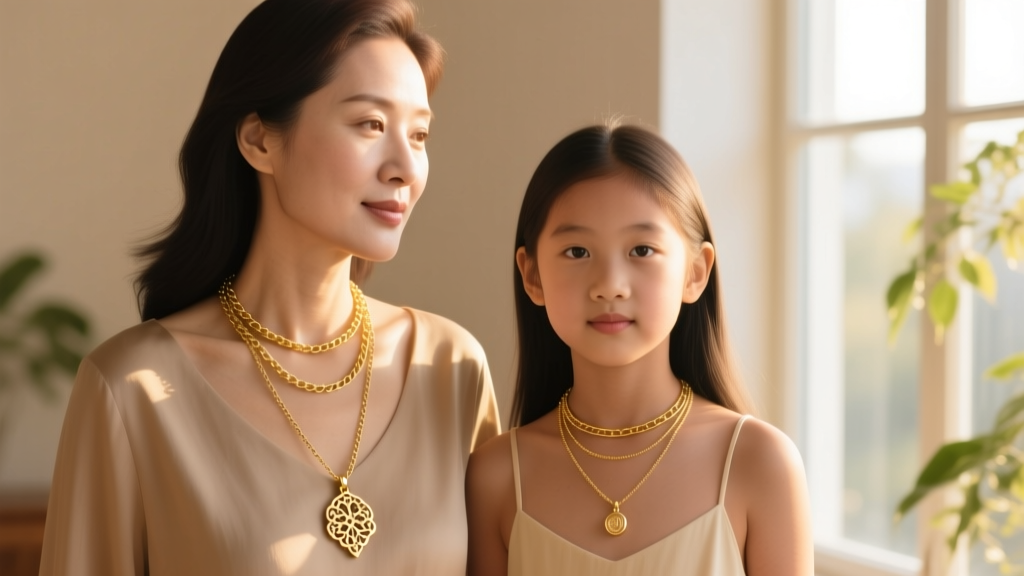 Profile of mother and daughter wearing layered gold necklaces, highlighting proportional pendant sizing and delicate chain gauges