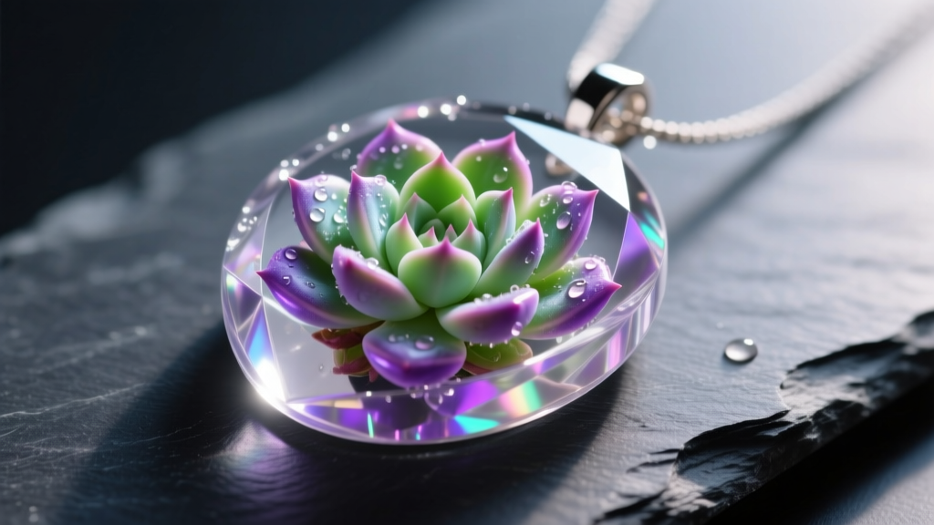 Close-up of a clear resin pendant encasing a vibrant purple and green ruby necklace plant succulent, resting on dark slate.