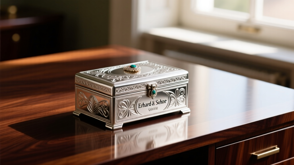 Vintage Erhard and Sohne silver jewelry box on dark mahogany desk, soft lighting highlighting intricate metal engravings.