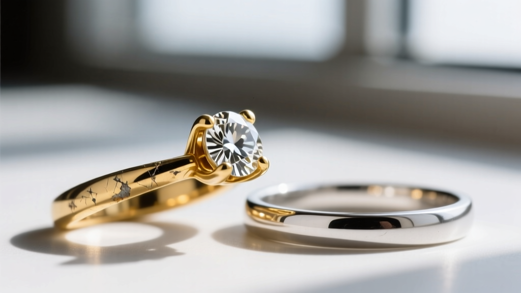 Close-up of worn 18k gold prongs on a diamond ring next to a new 14k white gold prong, showing metal thickness and wear contrast.