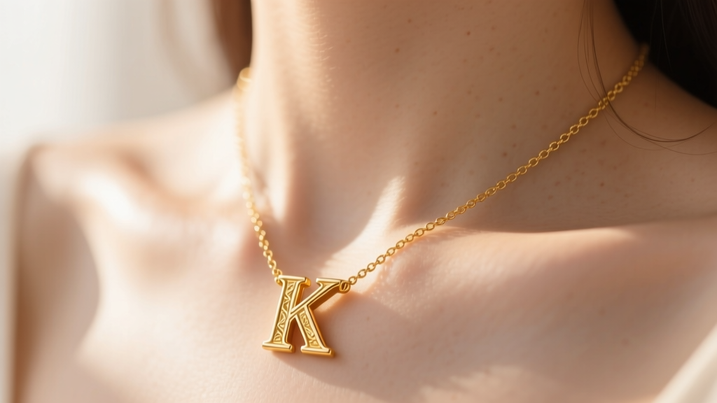 Close-up of a delicate 14k solid gold necklace initial K resting on a collarbone, soft natural sunlight highlighting the metal.