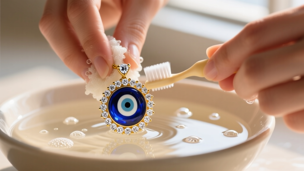 Hands gently scrubbing a diamond and enamel evil eye pendant with a soft baby toothbrush in a bowl of warm soapy water.