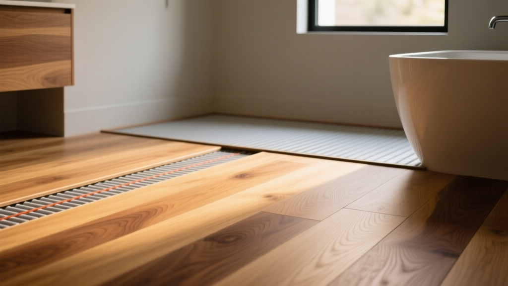Close-up of warm engineered oak hardwood flooring installed over electric radiant heating mats in a modern minimalist bathroom
