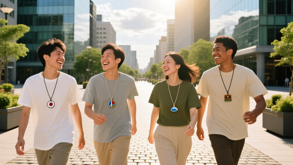 Four friends wearing layered travel pendants over casual tees, laughing while walking through a bright sunlit pedestrian plaza.