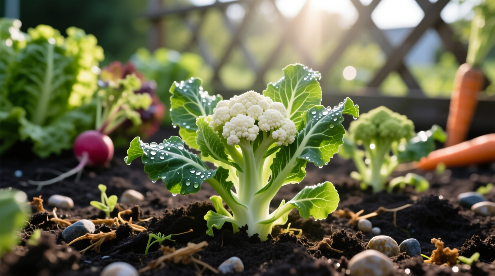 Healthy cauliflower seedlings in garden bed