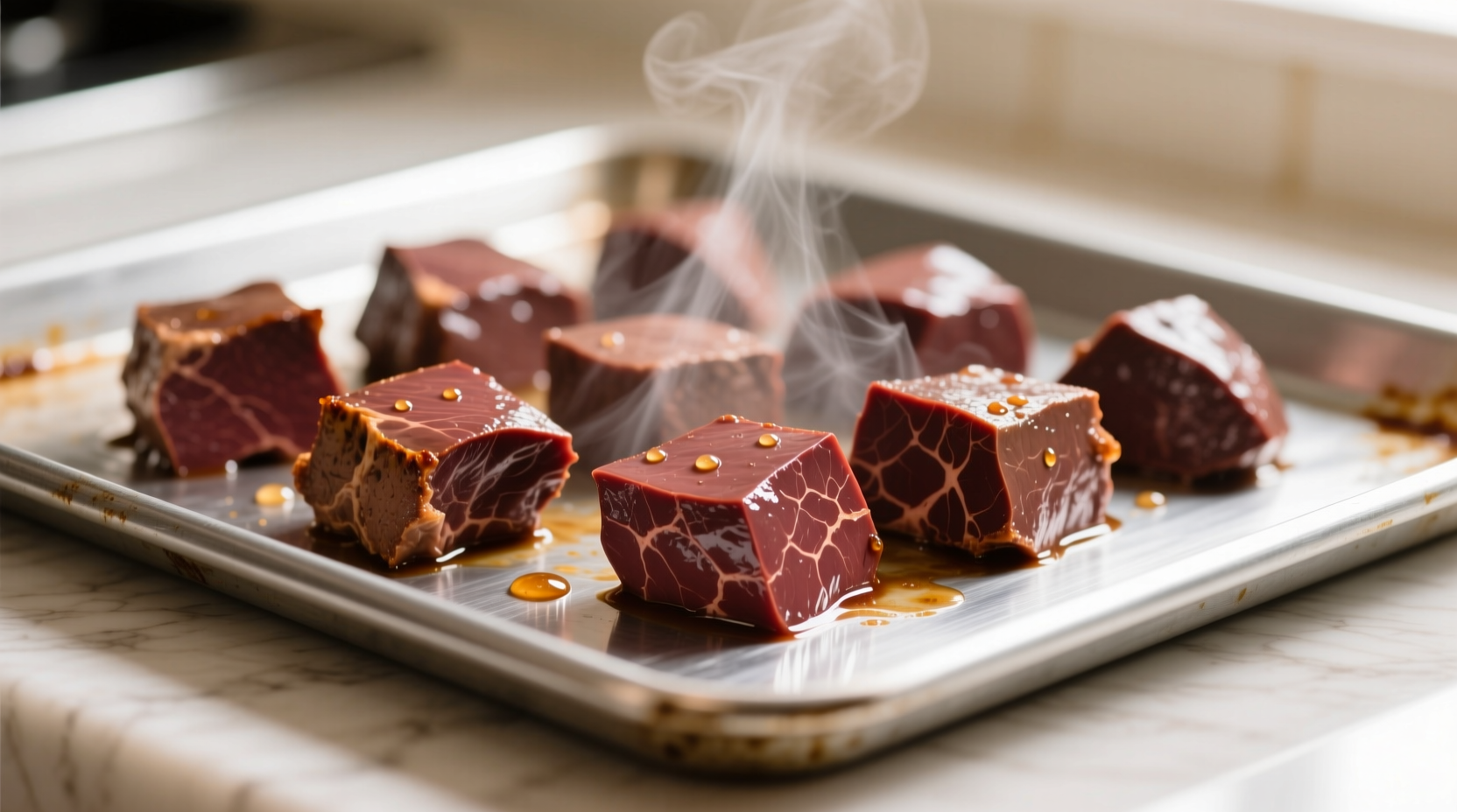 Freshly cooked beef liver cubes cooling on baking sheet