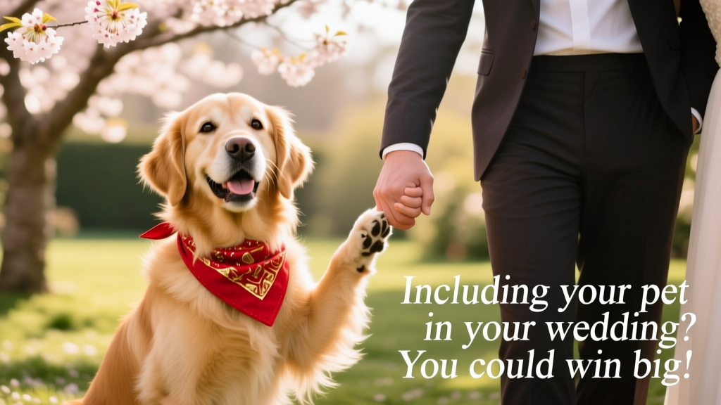 A joyful dog wearing a festive bandana, sitting beside a couple holding hands
