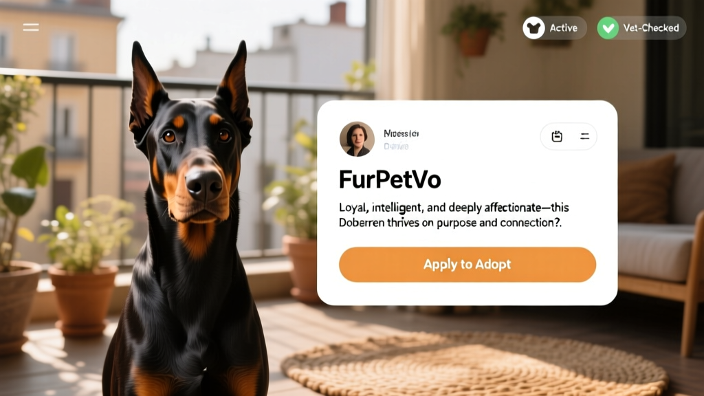 Screenshot-style image showing a FurPetVo profile page with a Doberman's photo, bio, and 'Apply to Adopt' button