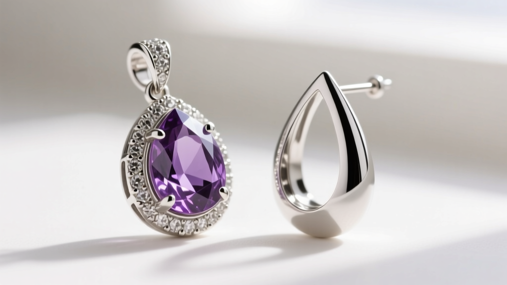 Macro shot of a bezel-set silver amethyst pendant next to a platinum teardrop, highlighting metal textures and prong tips