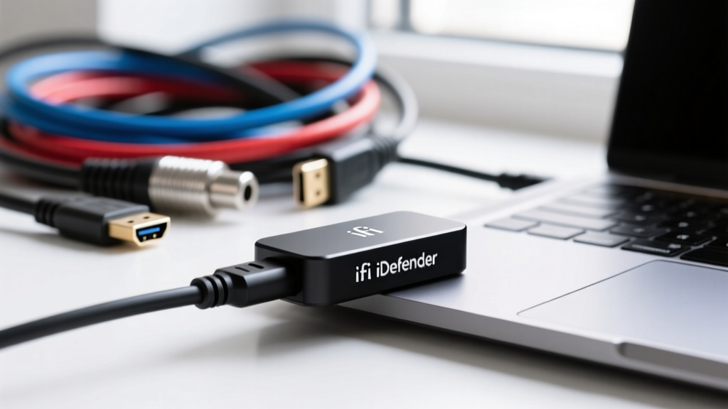 Macro shot of an iFi iDefender USB noise filter plugged into a laptop, with a tangled mess of studio cables blurred in the background