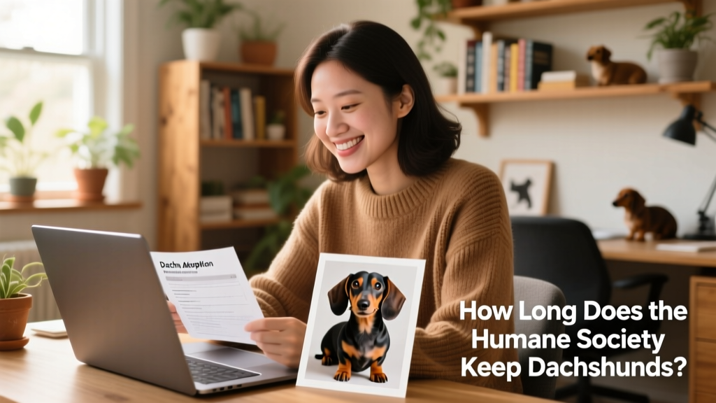 A person smiling while reviewing Dachshund adoption applications on a laptop, with a printed photo of a Dachshund beside the device