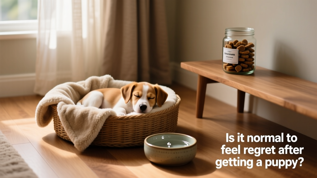 A calm, structured home environment with a puppy in a cozy crate, a water bowl nearby, and training treats on a low shelf