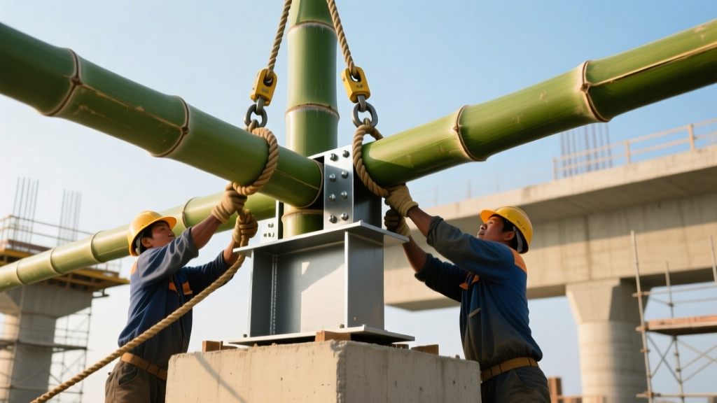 Workers hoisting a large Guadua bamboo culm into a steel base bracket on a concrete pier during structural frame assembly