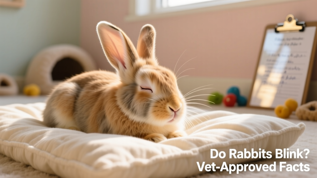 Rabbit gently closing one eye while resting on soft bedding