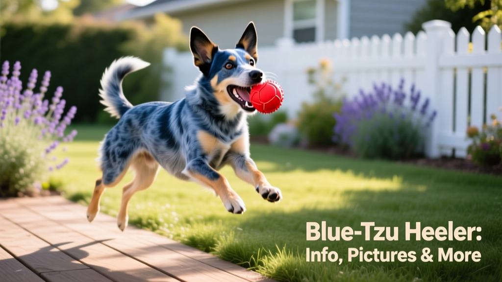 A Blue-Tzu Heeler playing fetch in a sunlit backyard, showcasing its playful energy and responsive demeanor