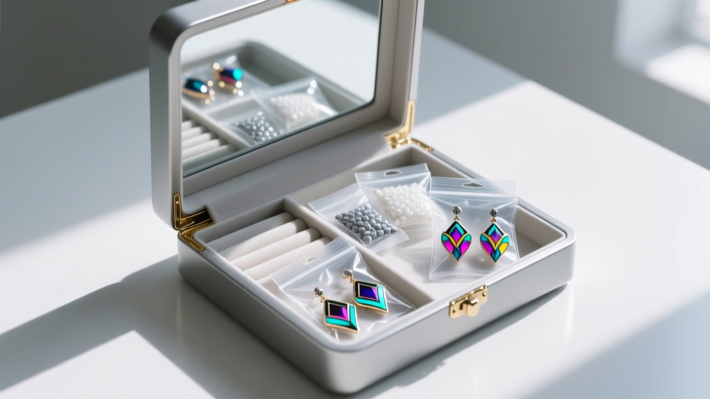 Open jewelry box with anti-tarnish strips, silica packets, and cosplay earrings sealed in clear bags for safe long term storage use