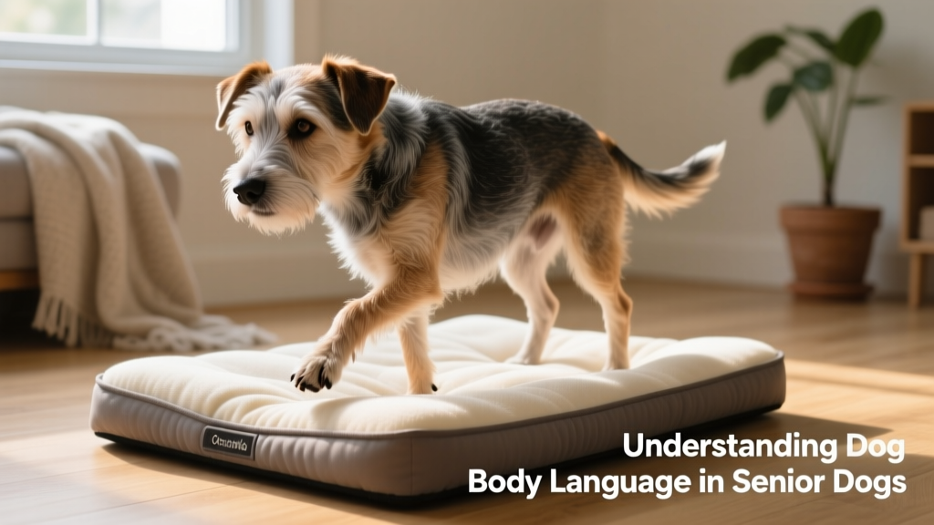 Senior terrier mix carefully stepping onto a low-profile orthopedic dog bed with memory foam support