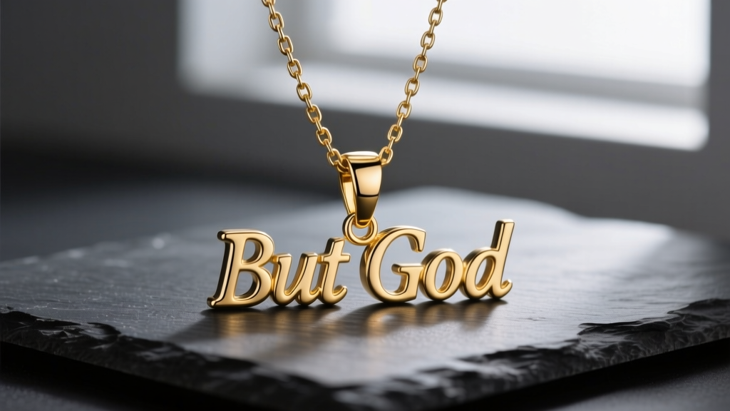 A 316L stainless steel But God pendant with PVD gold coating hanging from a 1.5mm box chain, displayed on a dark slate surface.