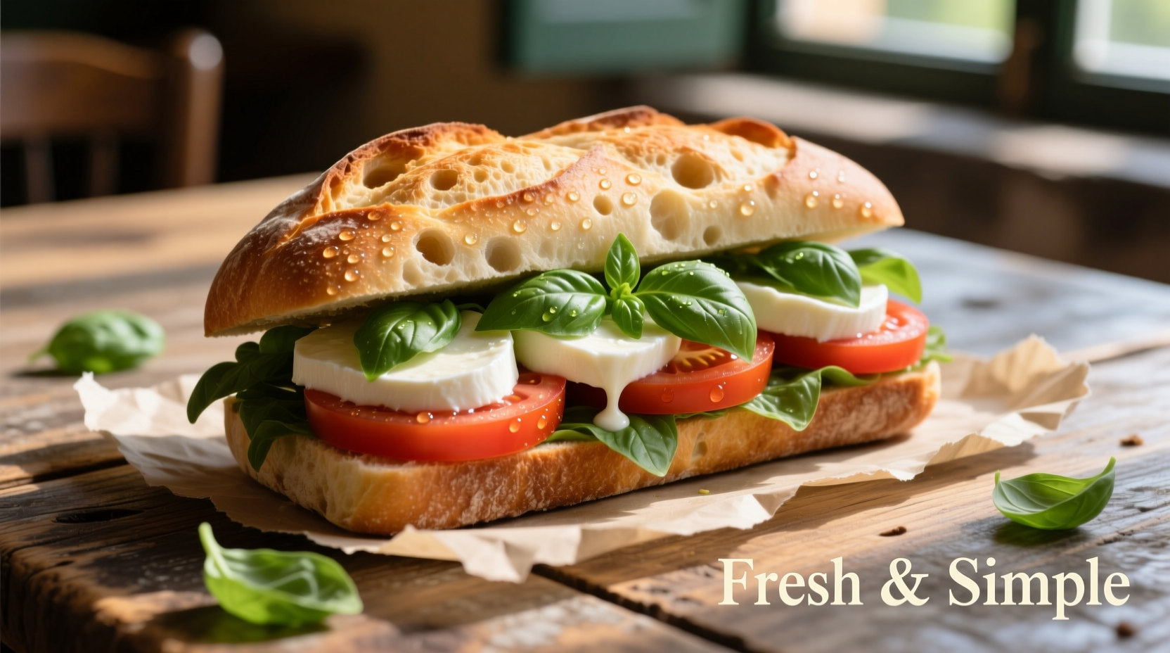 Fresh mozzarella tomato basil sandwich on rustic bread