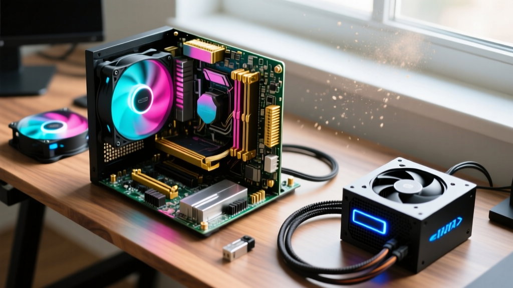 Top-down view of a partially assembled custom gaming PC on a workbench, featuring an ATX motherboard, RGB cooling fans, and a modular power supply