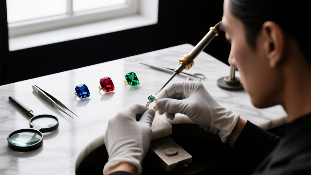 Overhead shot of a jeweler's workbench featuring 14k gold-filled wire, round nose pliers, and a partially finished woven bracelet