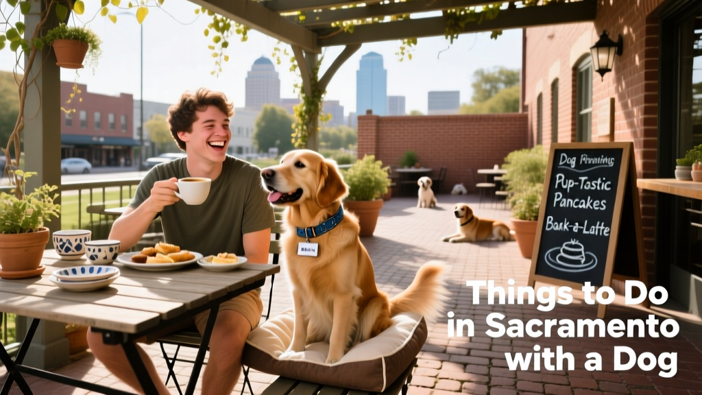 A person enjoying brunch at a pet-friendly restaurant patio with their dog seated beside them