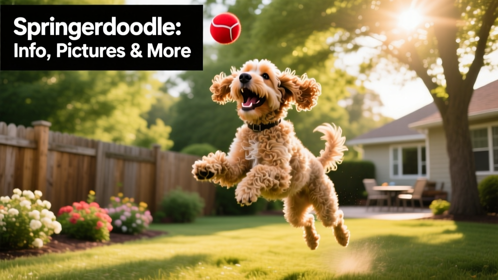 A happy, energetic Springerdoodle playing fetch in a sunlit backyard