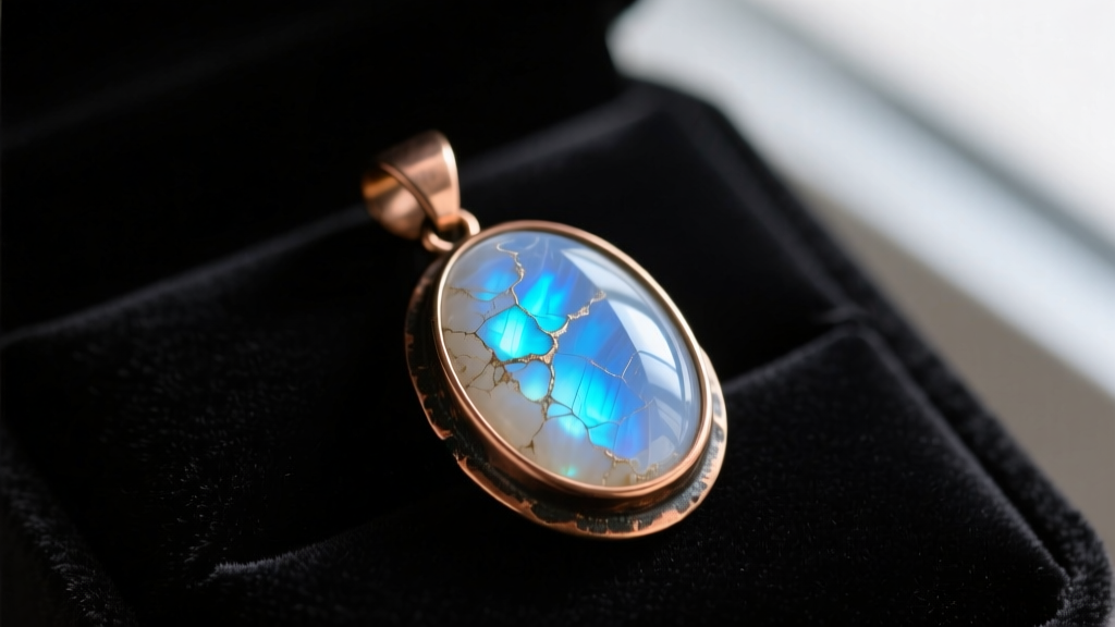 Raw moonstone cabochon set in a tarnished bronze bezel pendant, highlighting natural inclusions and bright blue sheen