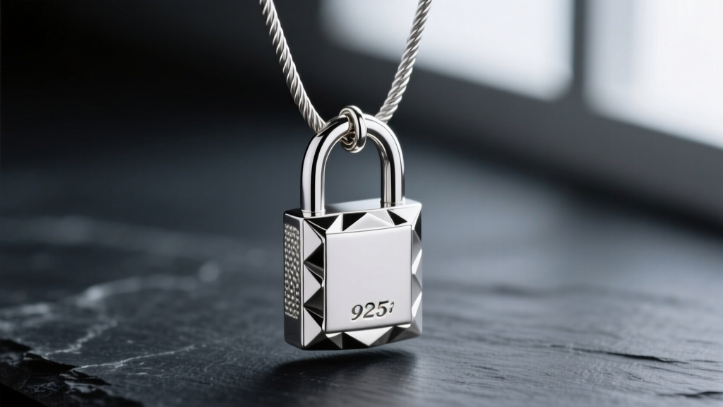 Close-up of a polished 925 sterling silver padlock pendant on an 18-inch cable chain, softly lit against a dark slate background