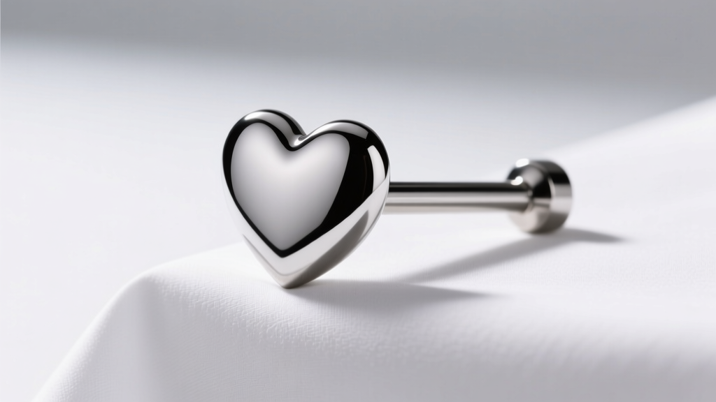 14-gauge titanium barbell with a polished heart nipple shield resting on a sterile drape under bright clinical lighting.